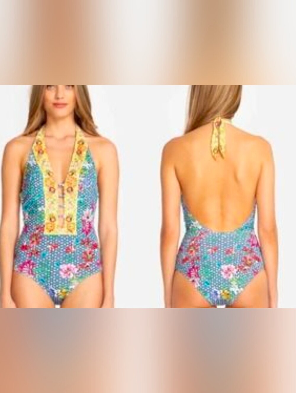 Johnny Was Blue Floral Halter One-Piece Swimsuit with Yellow Neck Trim